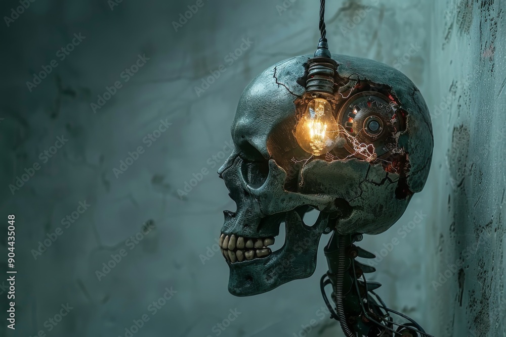Aufkleber weathered skull with brain lightbulb merging anatomical study with symbolic enlightenment.
