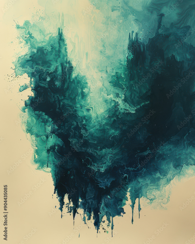 Poster abstract artistic explosion of vibrant teal and green ink in water creating a mesmerizing and ethere