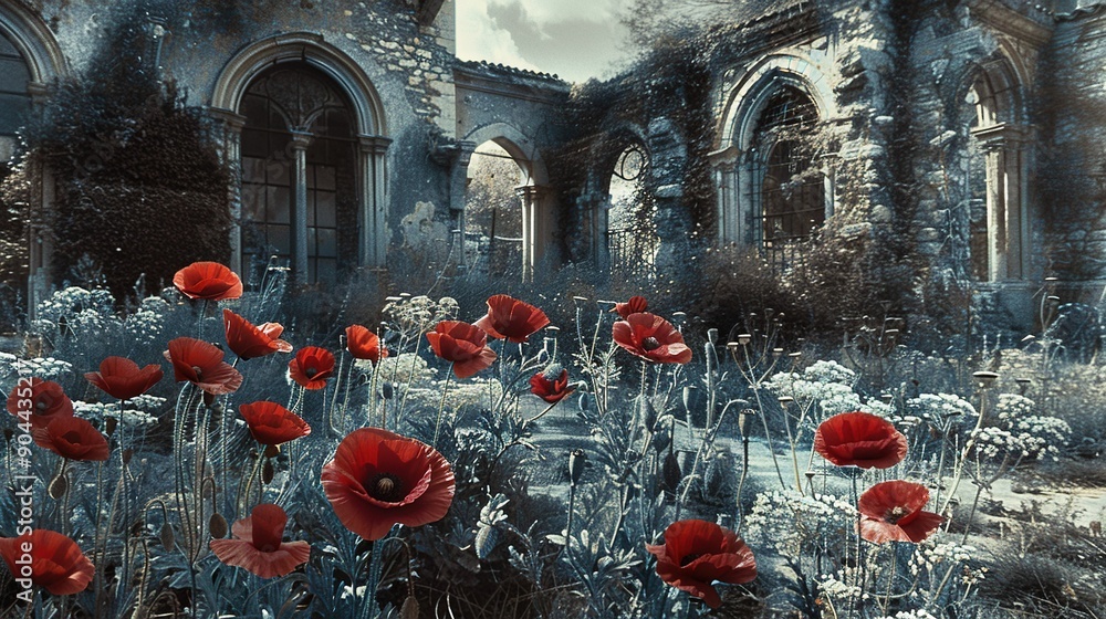 Poster an array of scarlet blossoms greets the eye at the base of an ancient edifice boasting numerous wind