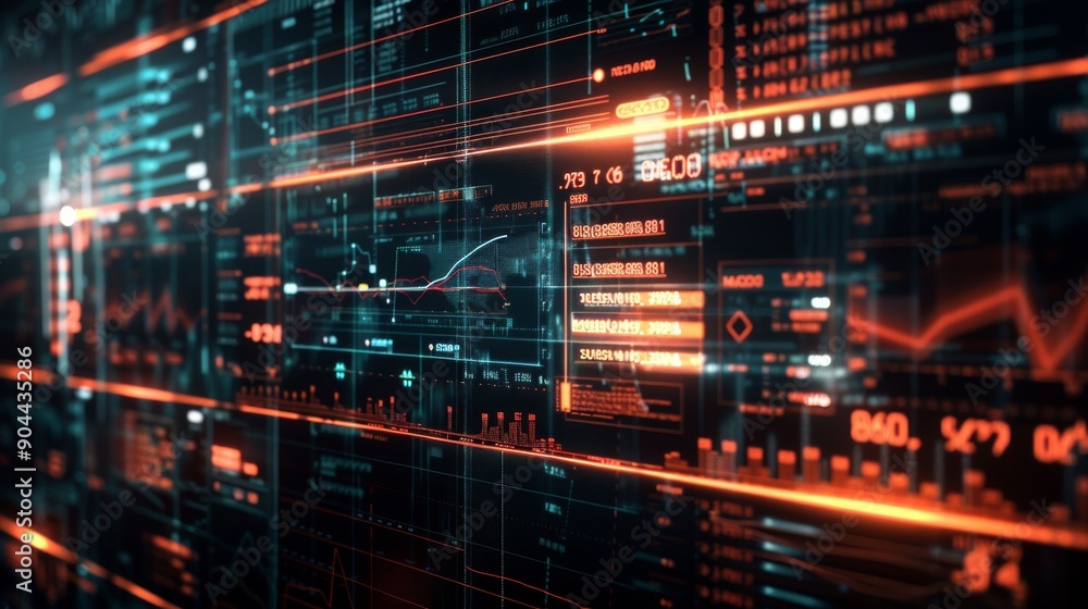 Poster a glowing stock market chart is actively displaying detailed graphs and indicators on a digital scre