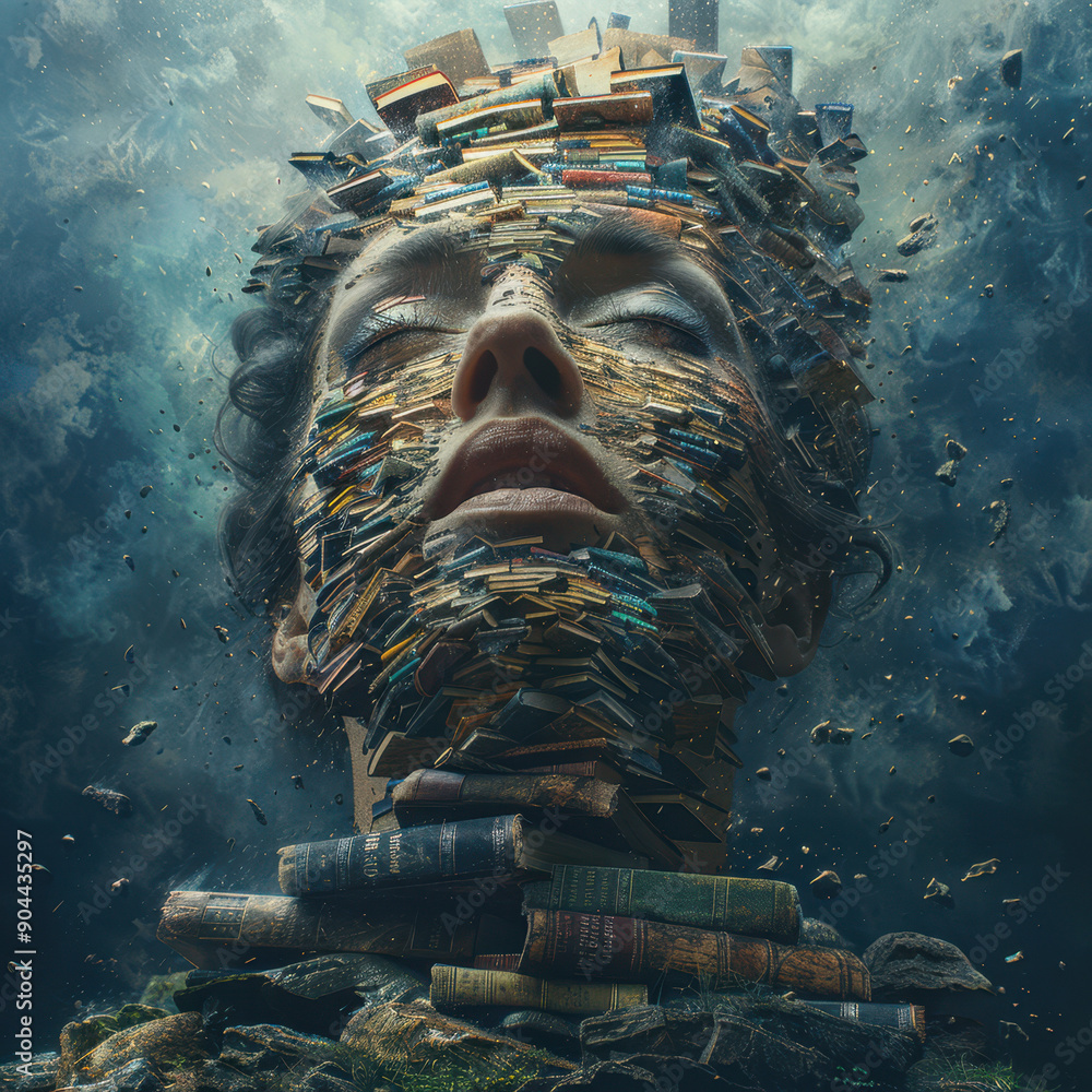 Poster surreal digital art of a human face merging with cityscape and nature elements in a conceptual and i