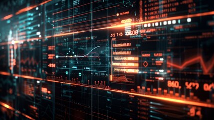 A glowing stock market chart is actively displaying detailed graphs and indicators on a digital screen, highlighting real-time trading data and trends
