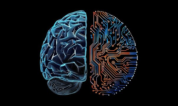 A digital brain made of blue circuit lines and binary code, with two connected branches representing the left side depicting an AI model or neural network concept Generative AI