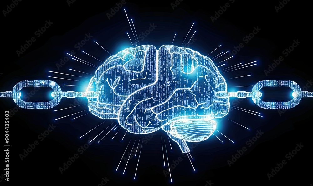 Poster a digital brain made of blue circuit lines and binary code, with two interlaced chains connecting it