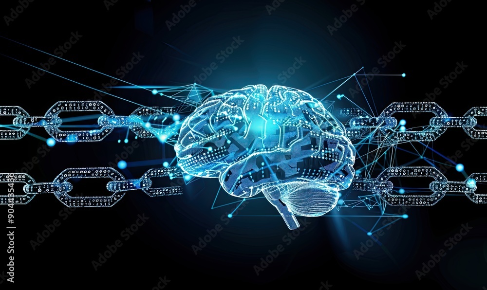 Poster a digital brain made of blue circuit lines and binary code, with two interlaced chains connecting it