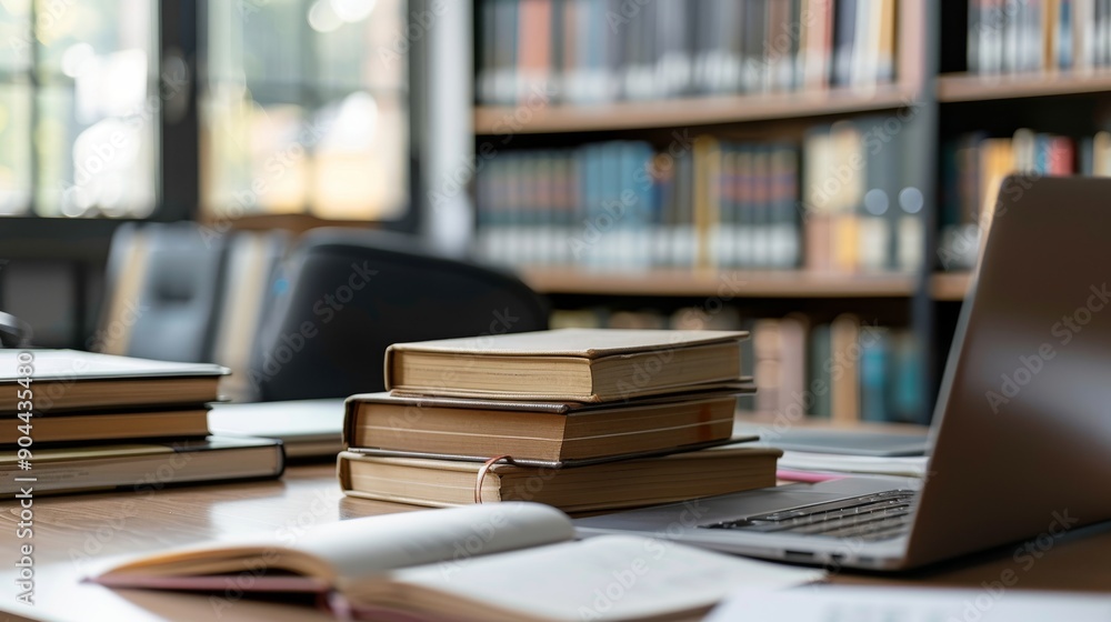Poster a clean library workspace highlights a tidy desk with open books stacked alongside a laptop, invitin