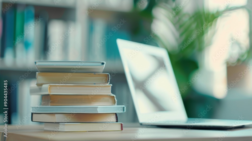 Poster a tidy desk in a modern library workspace displays a stack of open books beside a laptop, creating a