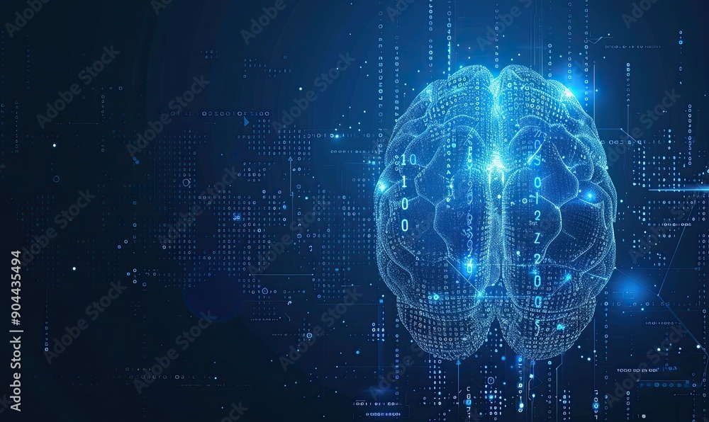 Poster a digital brain made of blue circuit lines and binary code, with two interwoven shapes representing 