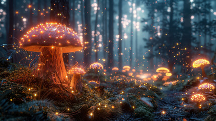Enchanting Forest with Glowing Mushrooms and Magical Lights Creating a Mystical and Fantasy-Like Atmosphere

