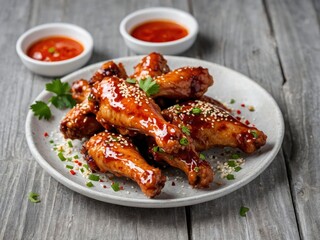 Baked chicken wings with sesame seeds and sweet chili sauce on white wooden board. Lip-smacking sesame-glazed chicken wings