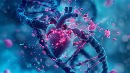 The Heart of Life: A captivating 3D illustration of a beating heart enveloped by DNA, symbolizing the intricate connection between life, genetics, and health. The vibrant colors and intricate details 