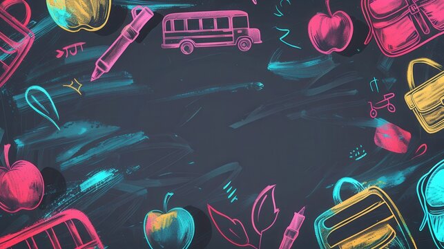 A chalkboard is creatively decorated with bright brush strokes and detailed drawings of classroom supplies like globes, rulers, and lightbulbs. Generative AI