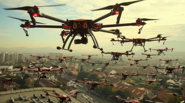 A swarm of drones flying in formation over an urban area, performing a synchronized task.
