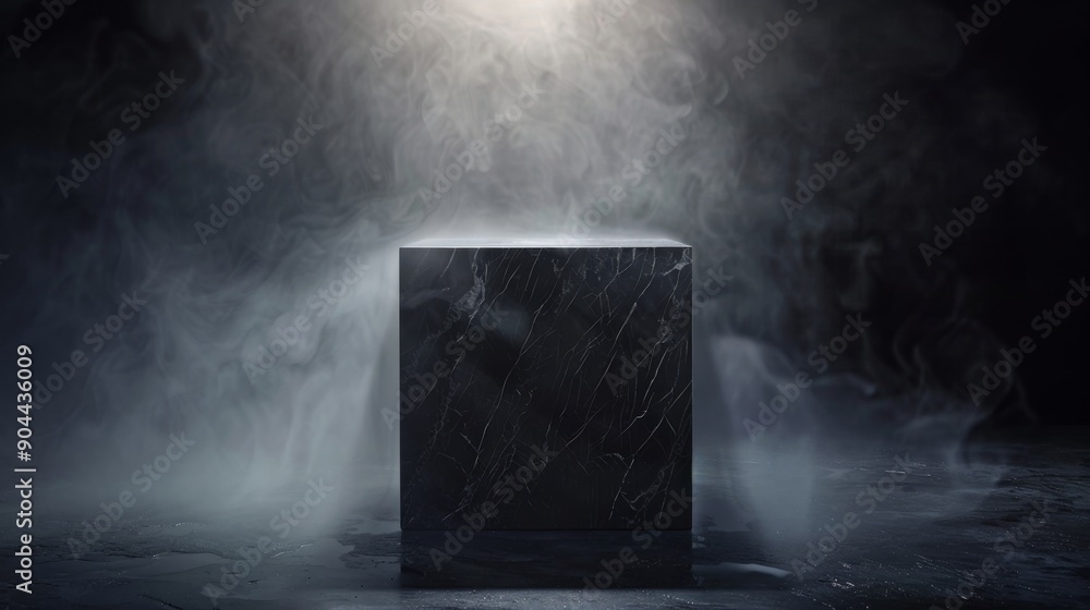 Poster a sleek black marble pedestal is illuminated by soft ambient light, enveloped in a subtle mist, crea