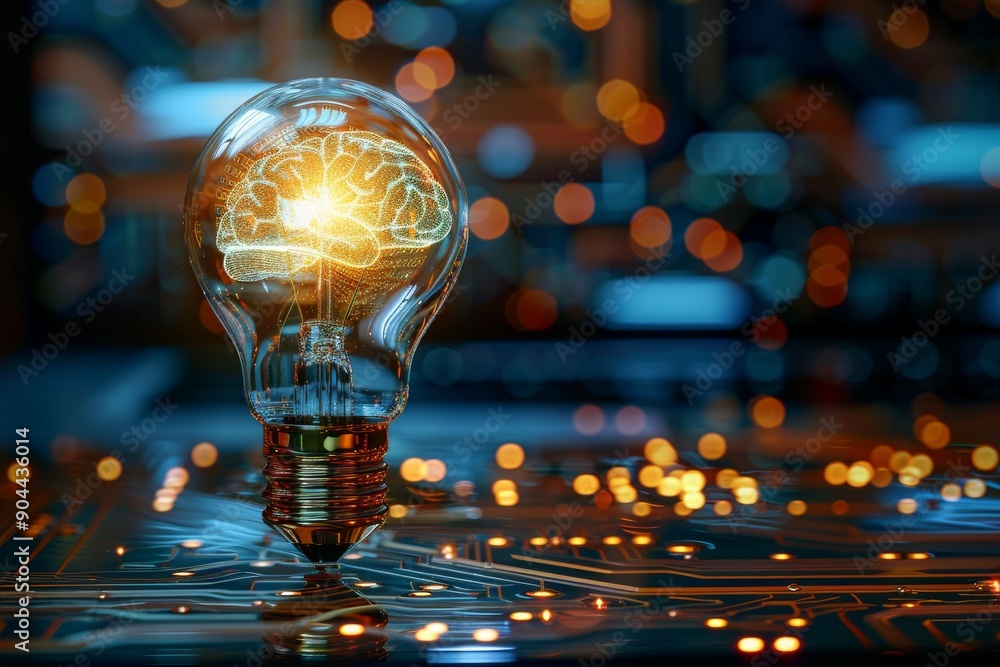 Poster radiant brain lightbulb on fiery background igniting the spark of genius and creativity.