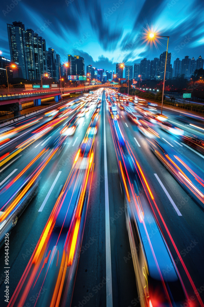 Poster a busy highway with cars and a city skyline in the background. the image captures the hustle and bus