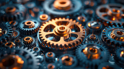Close-up of intricate gears and cogs in a mechanical system, showcasing the complexity and precision of engineering and technology