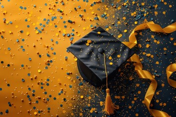 Black graduation cap with golden tassel on yellow background.