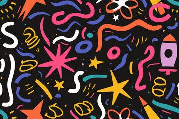 Web Fun shapes children seamless pattern. Space geometric neon bright color funky groovy 90s cartoon isolated print pattern. Vector illustration on black background