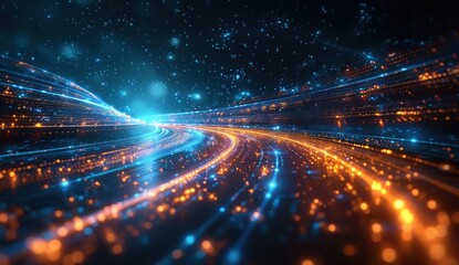 Fototapeta premium Blue glowing lines on dark background with speed motion blur.