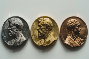 three medals against a white background, in the style of metalworking mastery, 