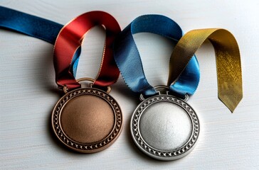 three medals against a white background, in the style of metalworking mastery, 