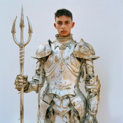 Obraz premium Medium shot of man with knight armors holding trident, frame by torso, isolated on a white background, 