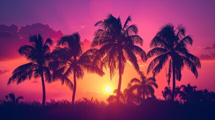 A striking silhouette of palm trees contrasts with a vibrant sunset as the sun sinks below the horizon, filling the sky with rich colors