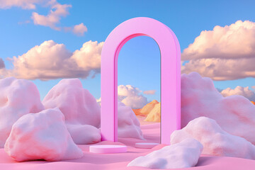 Surreal pink arch surrounded by pastel-colored desert rocks under a bright blue sky. A harmonious fusion of nature and abstract design.