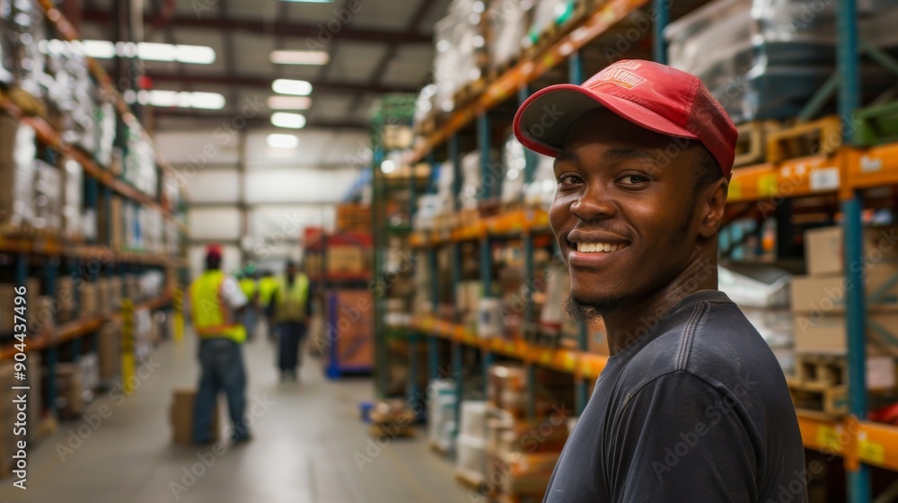 Poster a group of warehouse workers collaborates efficiently, with one worker smiling in the foreground whi