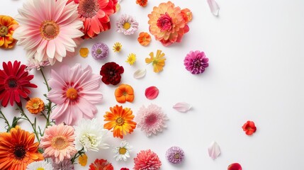 Fototapeta premium A stunning arrangement of assorted flowers showcases vibrant colors and delicate pastel shades, beautifully displayed in a top-down view on a clean white surface