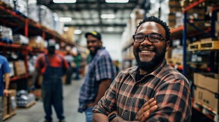 A diverse team of warehouse workers collaborates in a bustling environment, showcasing teamwork and positivity in their daily tasks