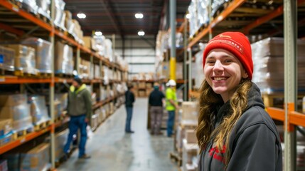Obraz premium A group of warehouse workers happily collaborating in an organized storage space, with one worker smiling confidently in the foreground while others assist nearby