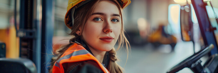 Caucasian female employee driving a forklift in a factory.