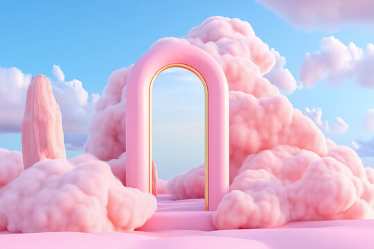 Pink arch surrounded by fluffy pastel clouds in a surreal landscape. A whimsical interplay of softness and structure.