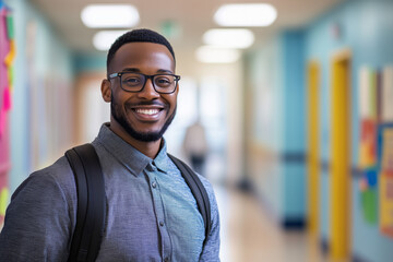 Fototapeta premium A cheerful black male teacher confidently walking down the elementary school hallway, smiling at the camera. Back to school concept with copy space for text.