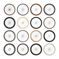 Realistic 3d retro bicycle wheels. Vintage bike rubber tyres, shiny metal spokes and rims. Fitness cycle, touring, sport, road and mountain bike. Vector illustration