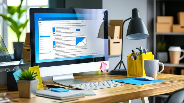 A digital marketing workspace showcases an email campaign dashboard on a computer screen with organized desk accessories and a cozy office atmosphere
