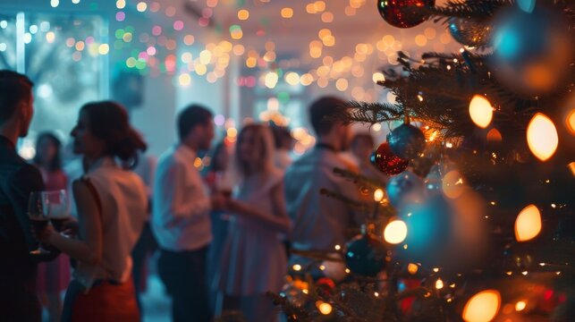 Colleagues gather and mingle at a lively holiday party, enjoying drinks and festive decorations that fill the atmosphere with joy and celebration