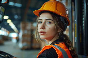 Caucasian female employee driving a forklift in a factory.