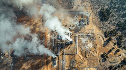 Aerial view capturing a large geothermal energy plant with multiple steam vents and complex machinery located in a rugged, remote landscape