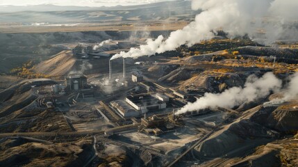 This geothermal energy plant is busy with steam venting from multiple sources, showcasing its machinery in a mountainous area under clear skies
