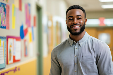 A cheerful black male teacher confidently walking down the elementary school hallway, smiling at the camera. Back to school concept with copy space for text.