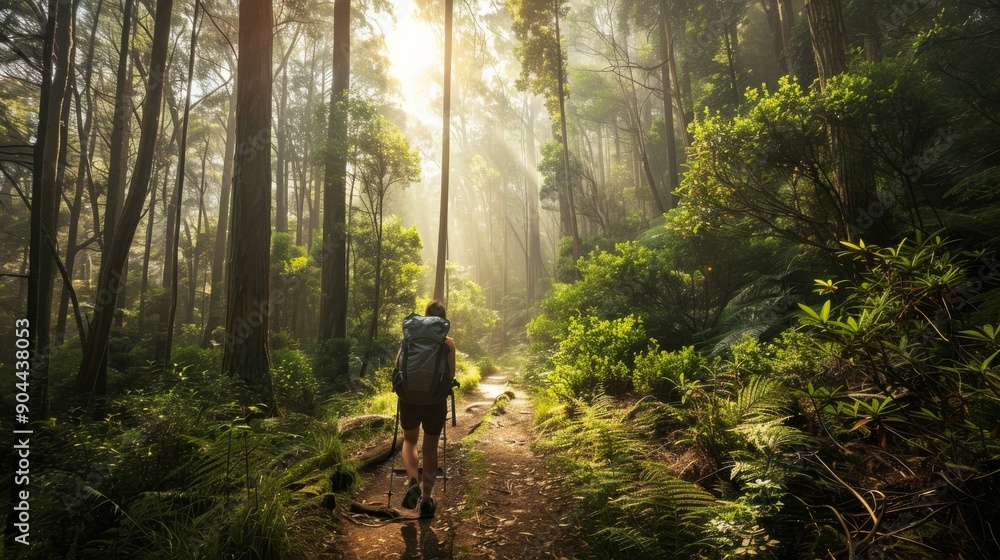 Poster a lone backpacker walks through a vibrant forest path, surrounded by tall trees with dappled sunligh