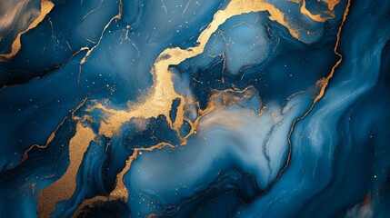 Blue marble abstract background with golden lines
