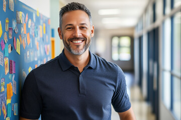 Fototapeta premium A cheerful male teacher confidently walking down the elementary school hallway, smiling at the camera. Back to school concept with copy space for text.