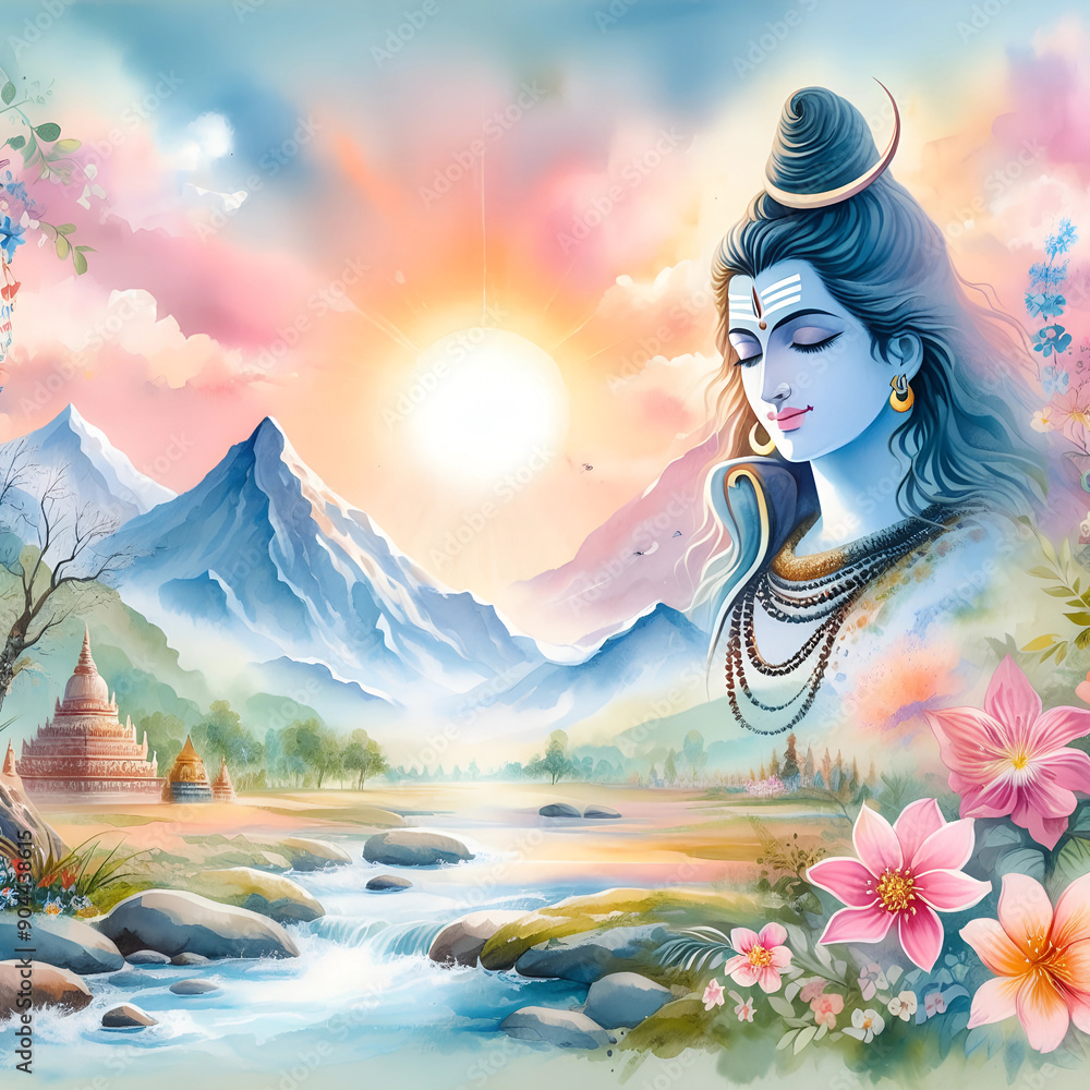 Wall mural watercolor lord mahadev illustration