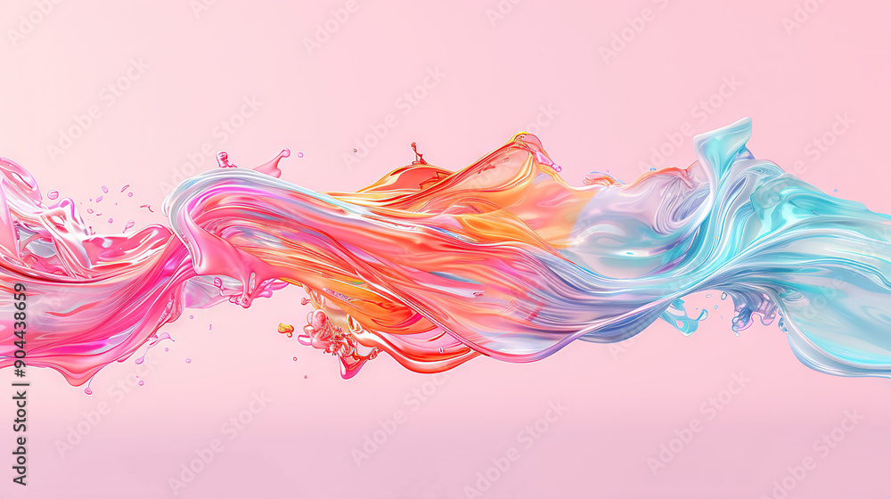 Poster a wave of multicolored water on a pink background is reflected in its depth
