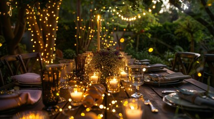 A beautifully arranged dining table glimmers under fairy lights, adorned with candles and flowers in a serene garden as dusk settles in, creating a magical atmosphere