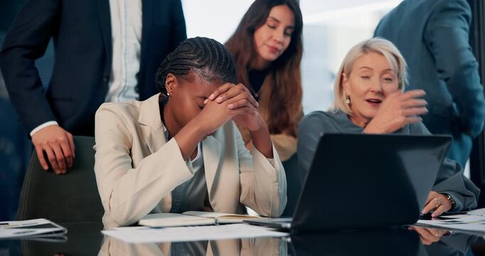 Group, people and sad with laptop in office for reading feedback, fail results and investment loss of financial risk. Staff, frustrated and pc website to review email, budget news and bankruptcy